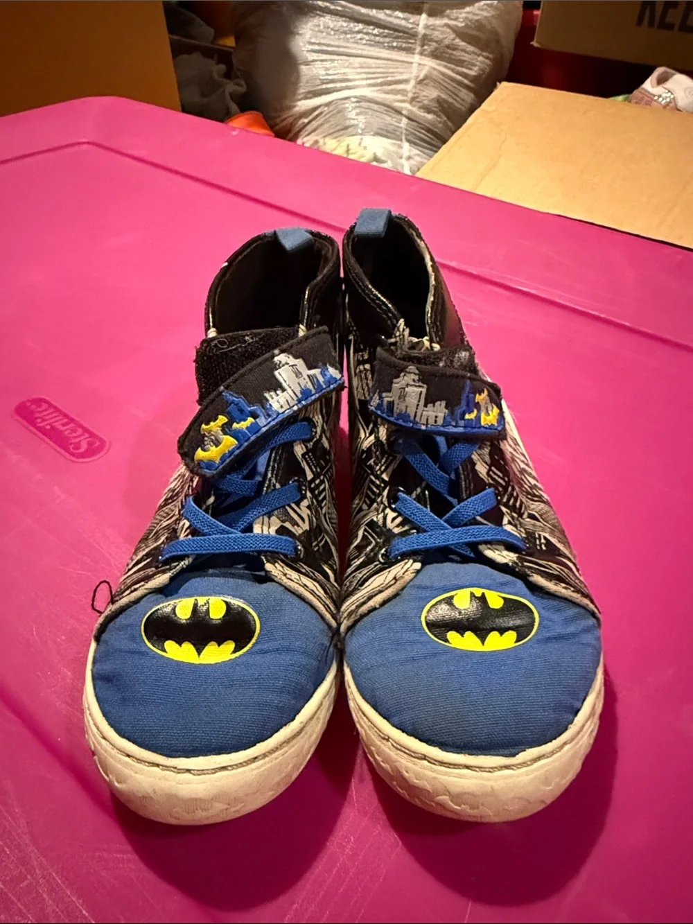 DC Comics Batman Kids High-Top Sneakers in Blue and Black with Yellow Accents